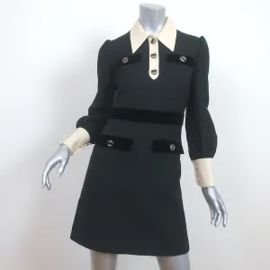 Gucci Long Sleeve Collared Mini Dress Black/Cream Velvet-Trim Cady Size 38