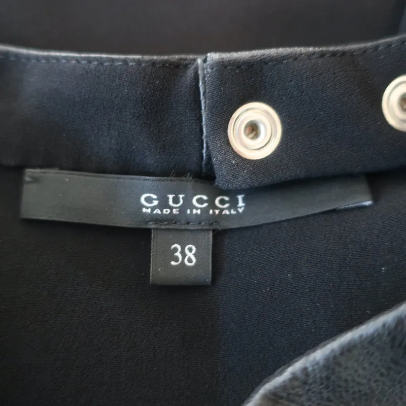 Gucci Racerback Tank Top Black Leather-Trim Silk Size 38 Sleeveless Blouse