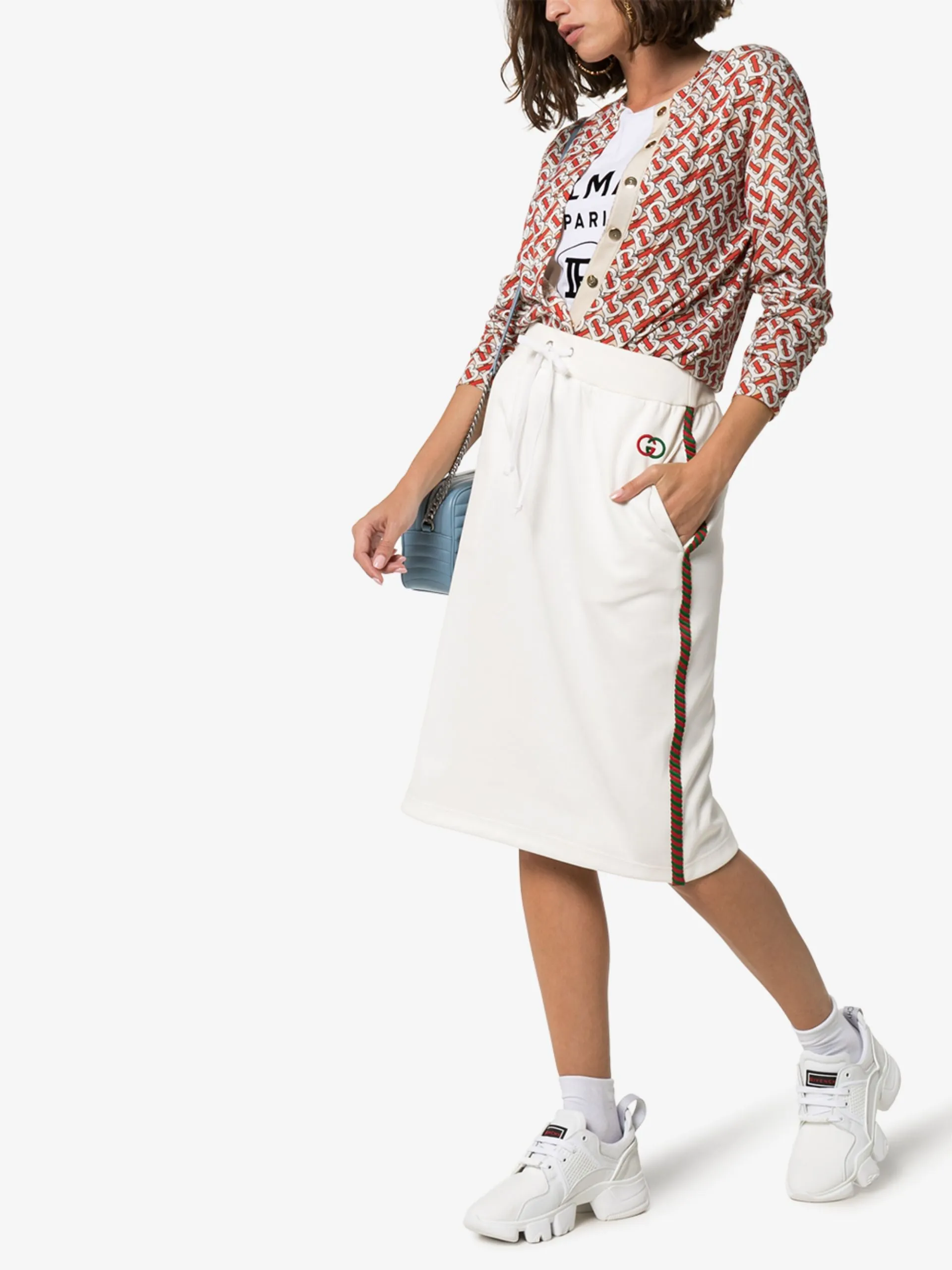 Gucci Technical Drawstring Stripe Logo Midi Skirt In White