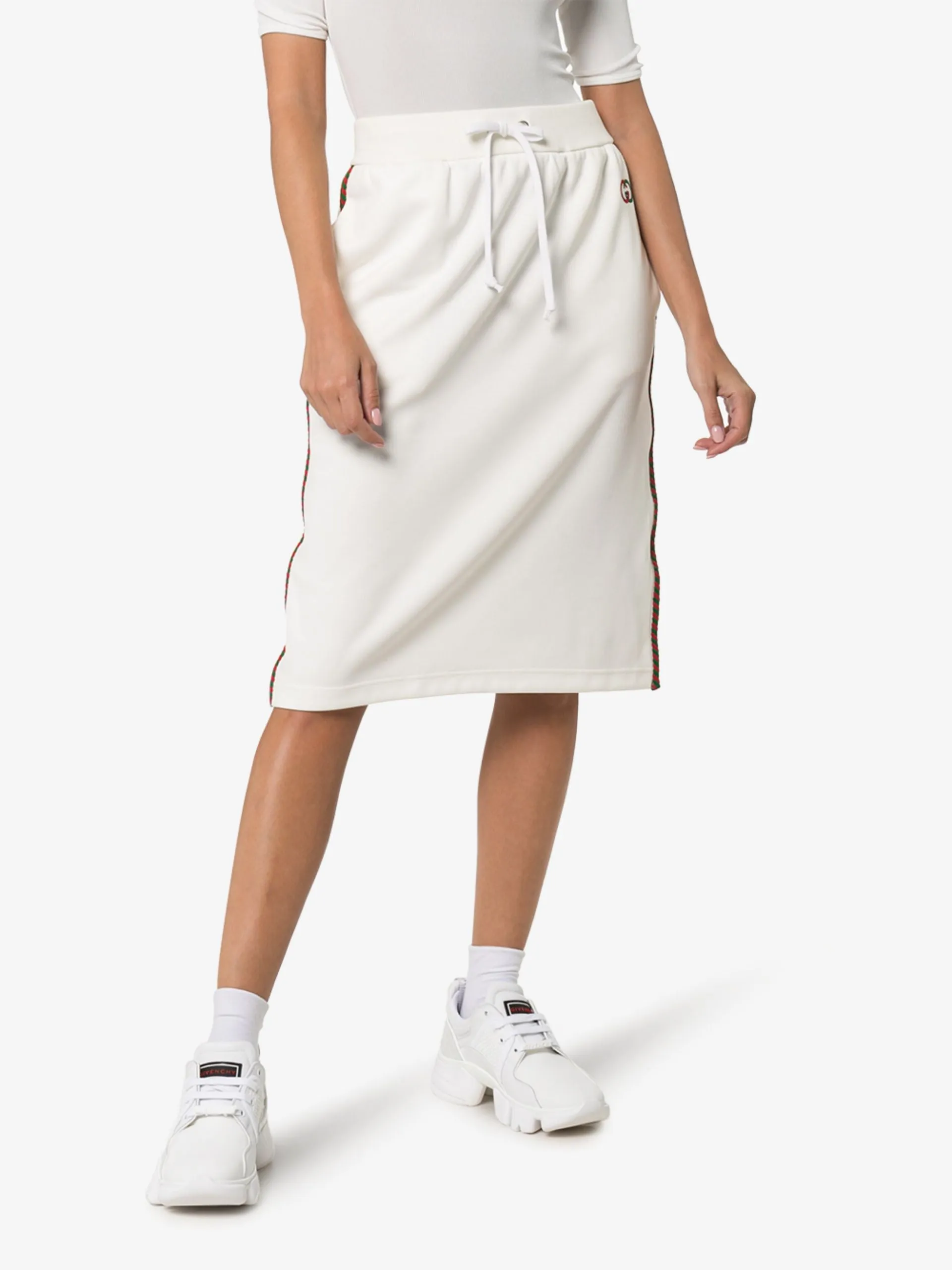 Gucci Technical Drawstring Stripe Logo Midi Skirt In White