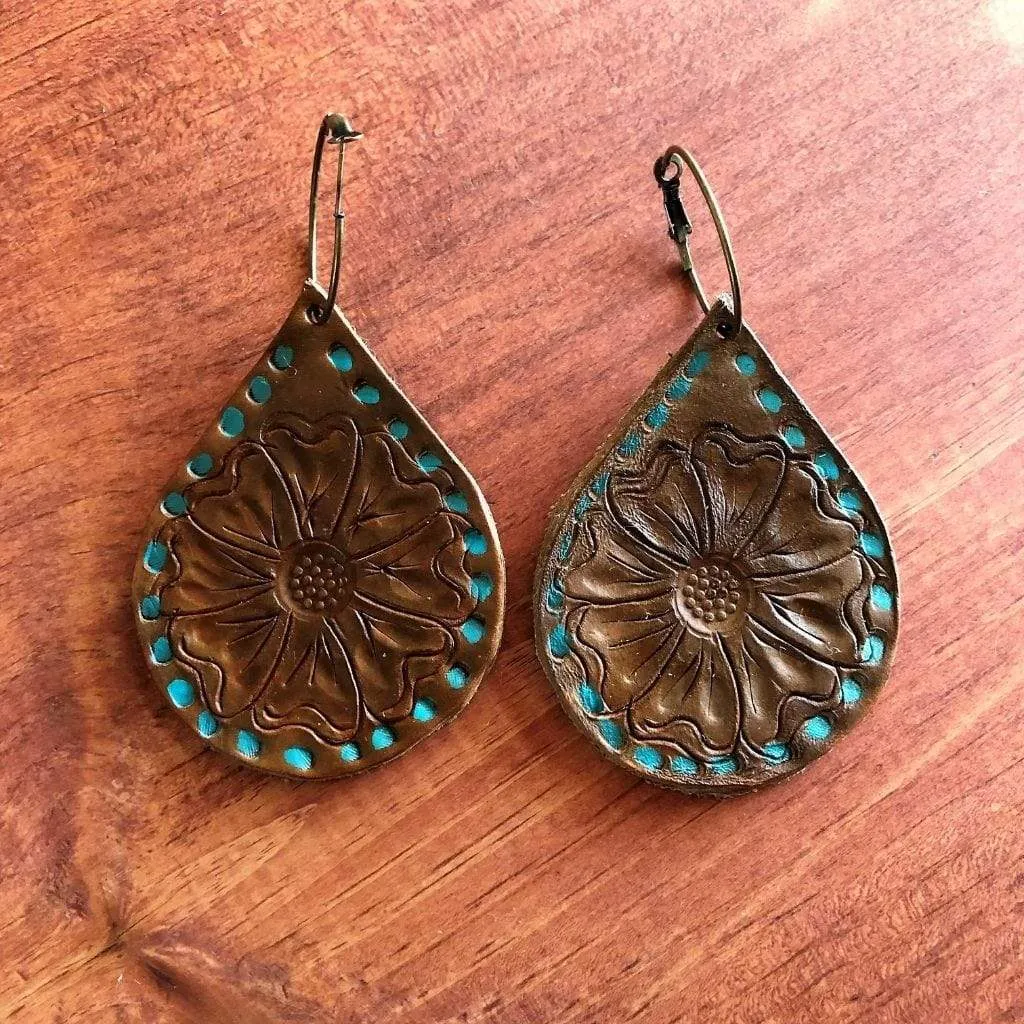 Hand Tooled Floral Leather Earrings - Artisan Find