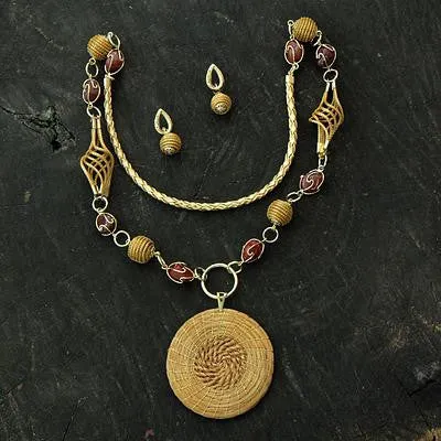 Handcrafted Golden Grass Jewelry Set with Gold Plated Accent, 'Jalapo Evolution'