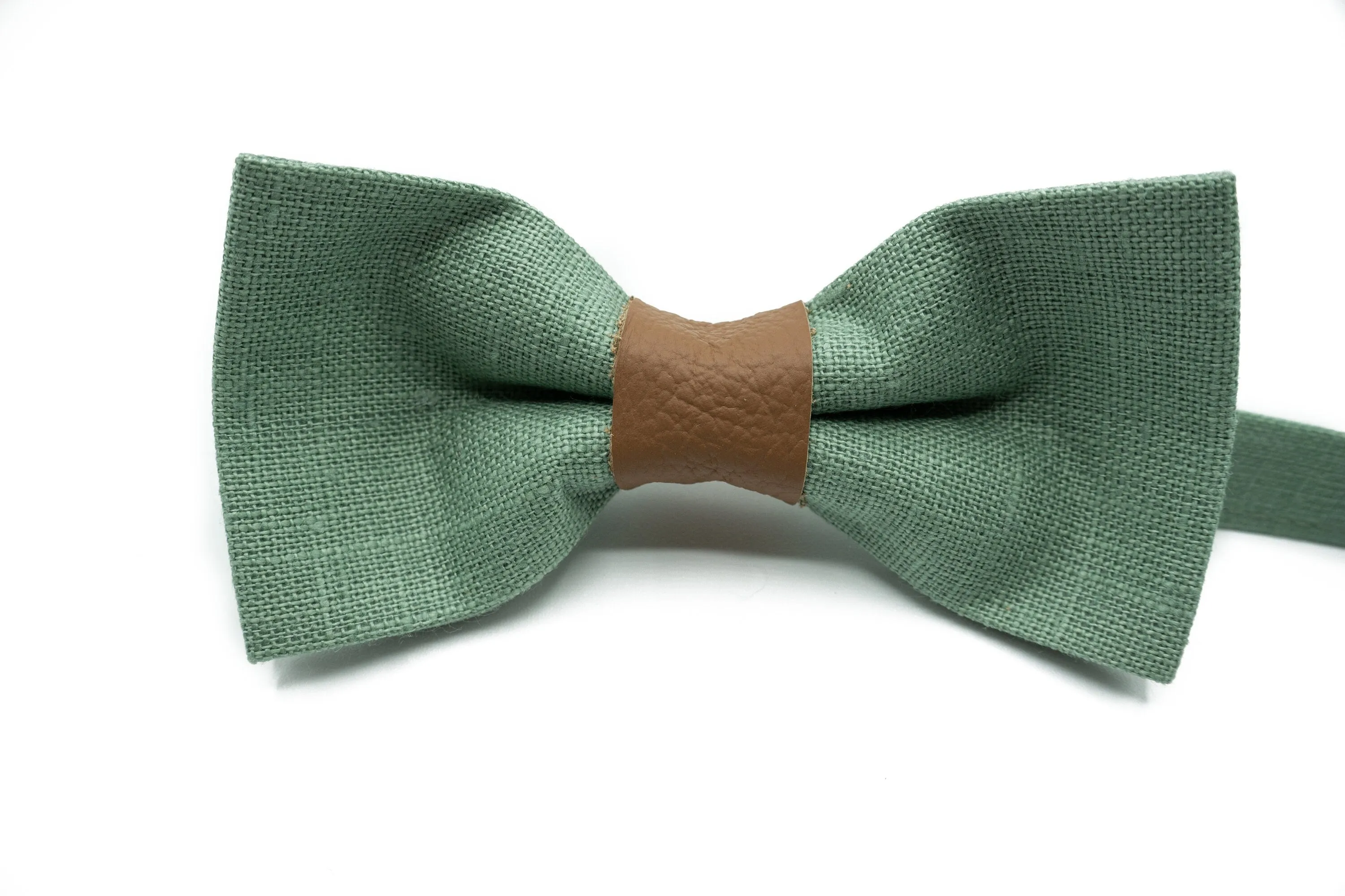 Handmade Linen Bow Tie in Sage Green with Leather Accent | Elegant Wedding & Formal Event Accessory