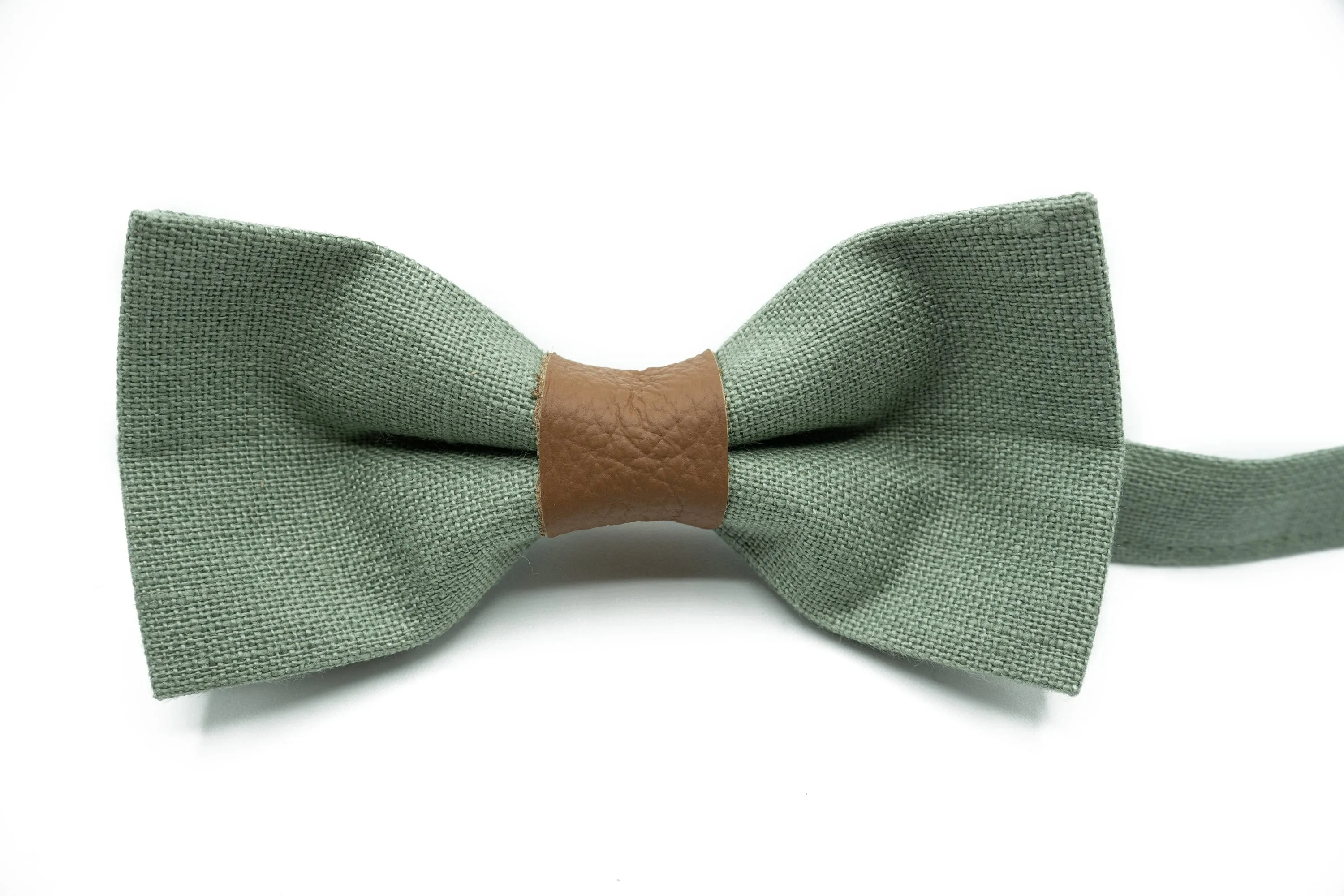 Handmade Linen Bow Tie in Sage Green with Leather Accent | Elegant Wedding & Formal Event Accessory