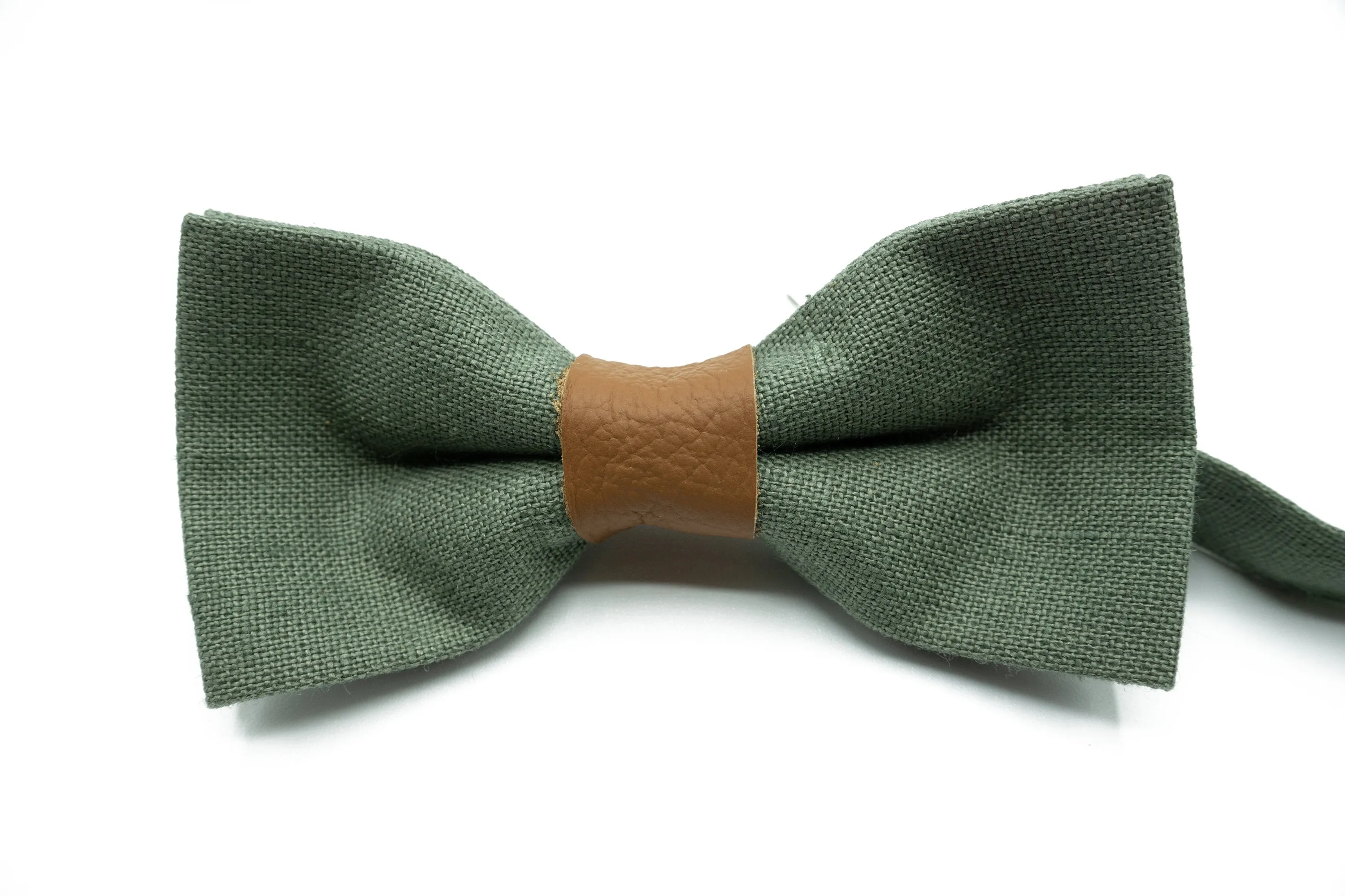 Handmade Linen Bow Tie in Sage Green with Leather Accent | Elegant Wedding & Formal Event Accessory