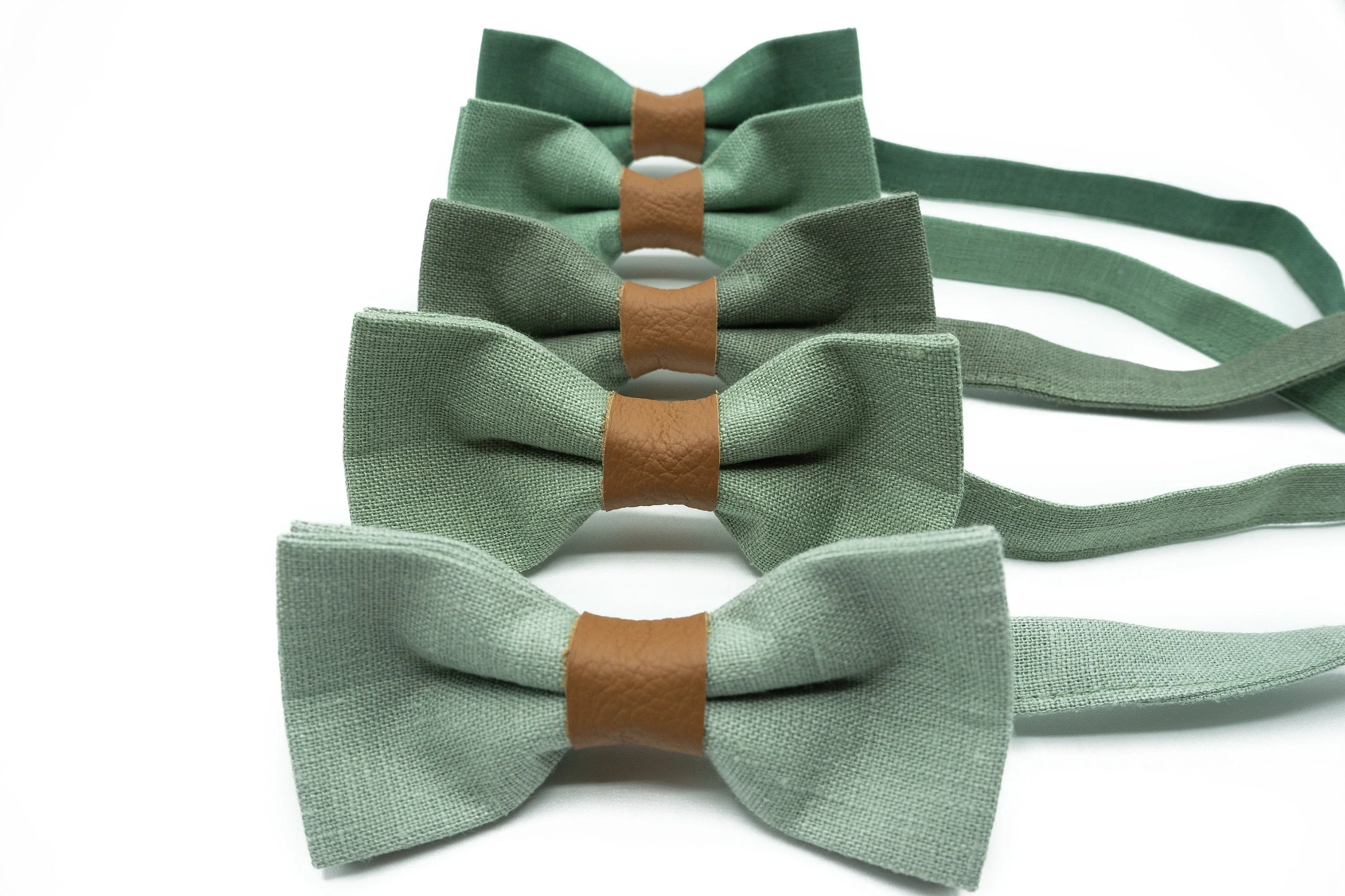 Handmade Linen Bow Tie in Sage Green with Leather Accent | Elegant Wedding & Formal Event Accessory