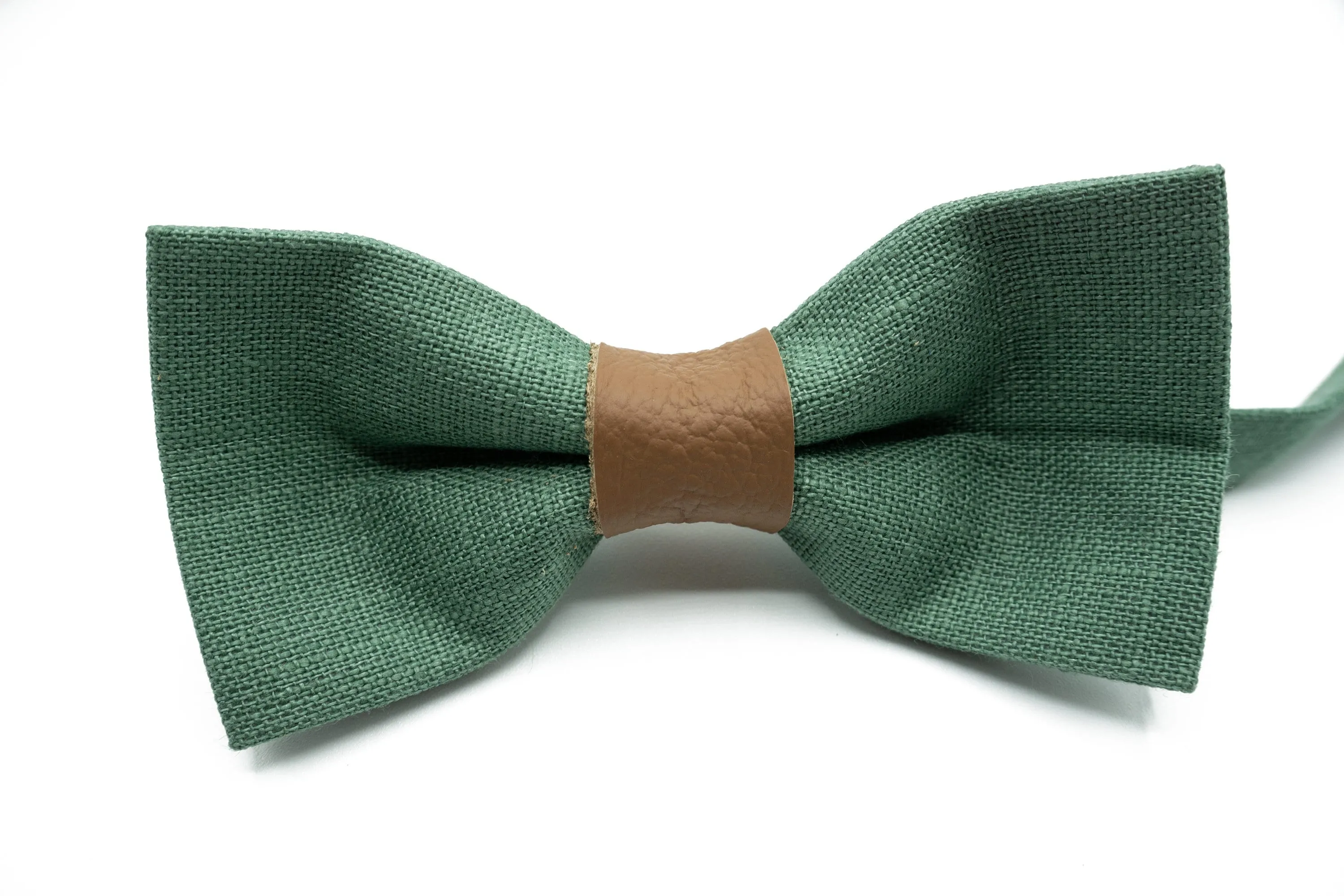 Handmade Linen Bow Tie in Sage Green with Leather Accent | Elegant Wedding & Formal Event Accessory