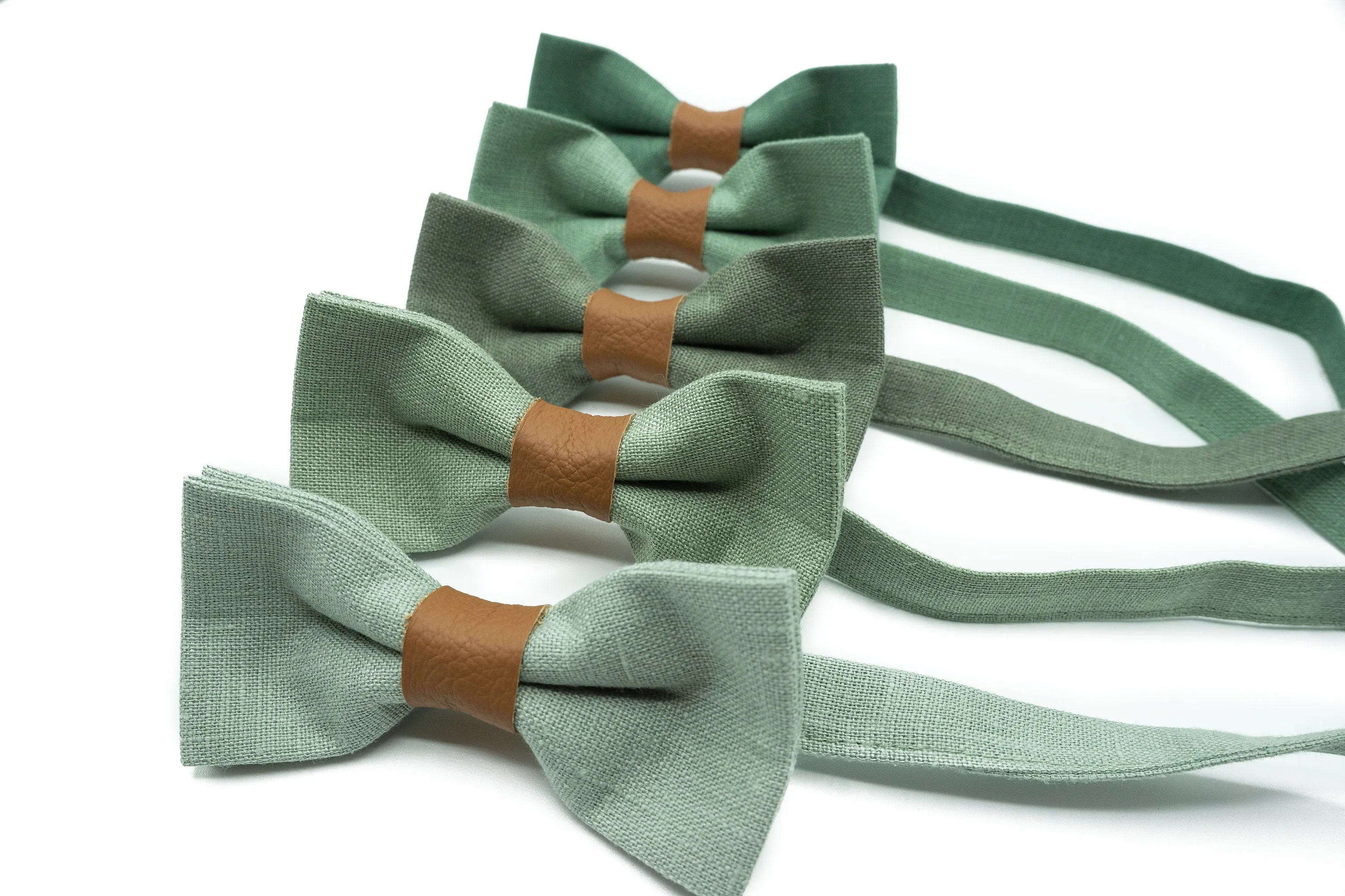 Handmade Linen Bow Tie in Sage Green with Leather Accent | Elegant Wedding & Formal Event Accessory