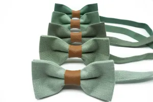 Handmade Linen Bow Tie in Sage Green with Leather Accent | Elegant Wedding & Formal Event Accessory