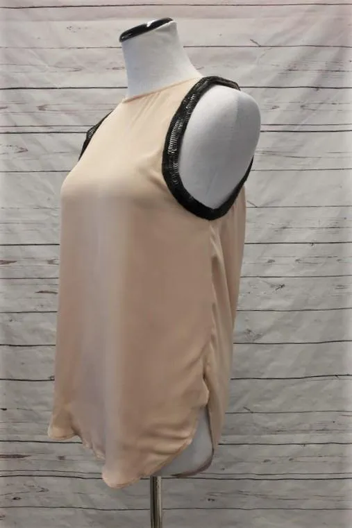 Haute Hippie Blouse Beige Sequin-Trim Silk Size Extra Small Cowl Back Tank
