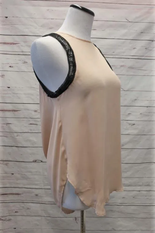 Haute Hippie Blouse Beige Sequin-Trim Silk Size Extra Small Cowl Back Tank