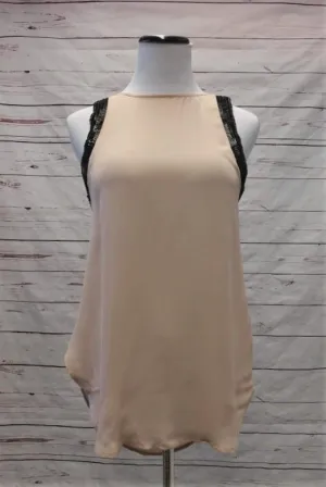 Haute Hippie Blouse Beige Sequin-Trim Silk Size Extra Small Cowl Back Tank