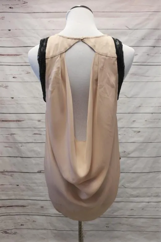 Haute Hippie Blouse Beige Sequin-Trim Silk Size Extra Small Cowl Back Tank