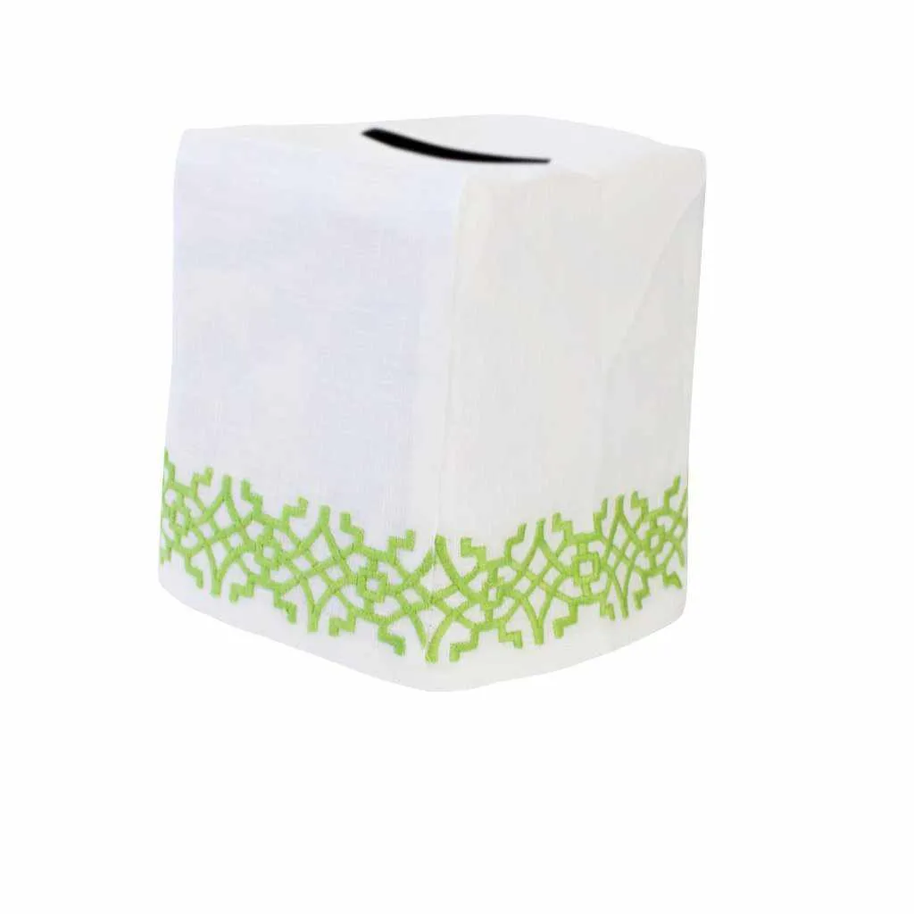 Haute Home Hand-Embroidered Linen Chinois Tissue Box Cover - GREEN