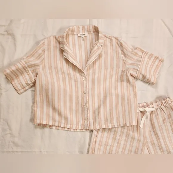 Haven Well Within Organic Cotton Linen Striped Pajama Set Size XS Toasted Almond