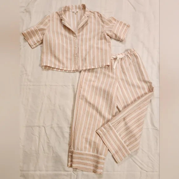 Haven Well Within Organic Cotton Linen Striped Pajama Set Size XS Toasted Almond