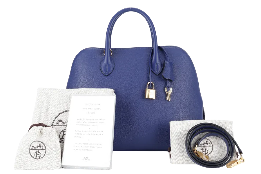 HERMES BOLIDE 1923 STAMP C (2018) BLUE ELECTRIC NOVILLO LEATHER GOLD HARDWARE WITH KEYS, LOCK, STRAPS, DUST COVER AND RAIN COAT