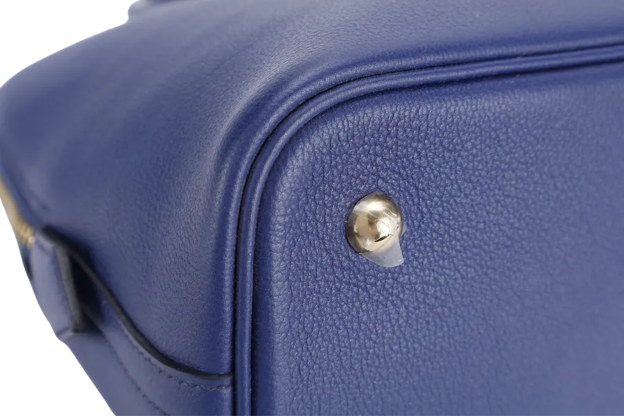 HERMES BOLIDE 1923 STAMP C (2018) BLUE ELECTRIC NOVILLO LEATHER GOLD HARDWARE WITH KEYS, LOCK, STRAPS, DUST COVER AND RAIN COAT