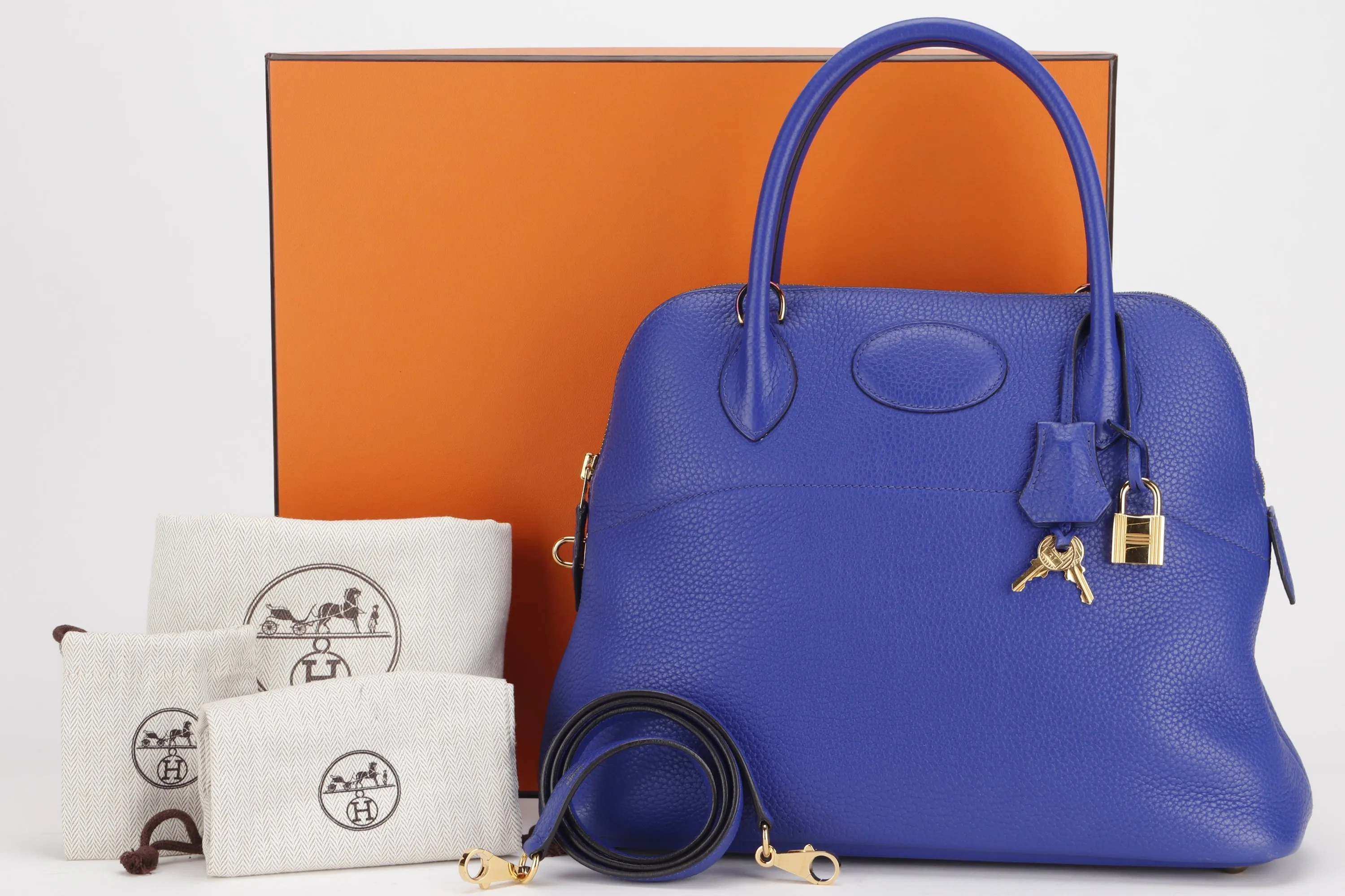 HERMES BOLIDE 31 [STAMP Q SQUARE (2013)] ELECTRIC BLEU CLEMENCE LEATHER GOLD HARDWARE, WITH STRAP, KEYS, LOCK, DUST COVER & BOX