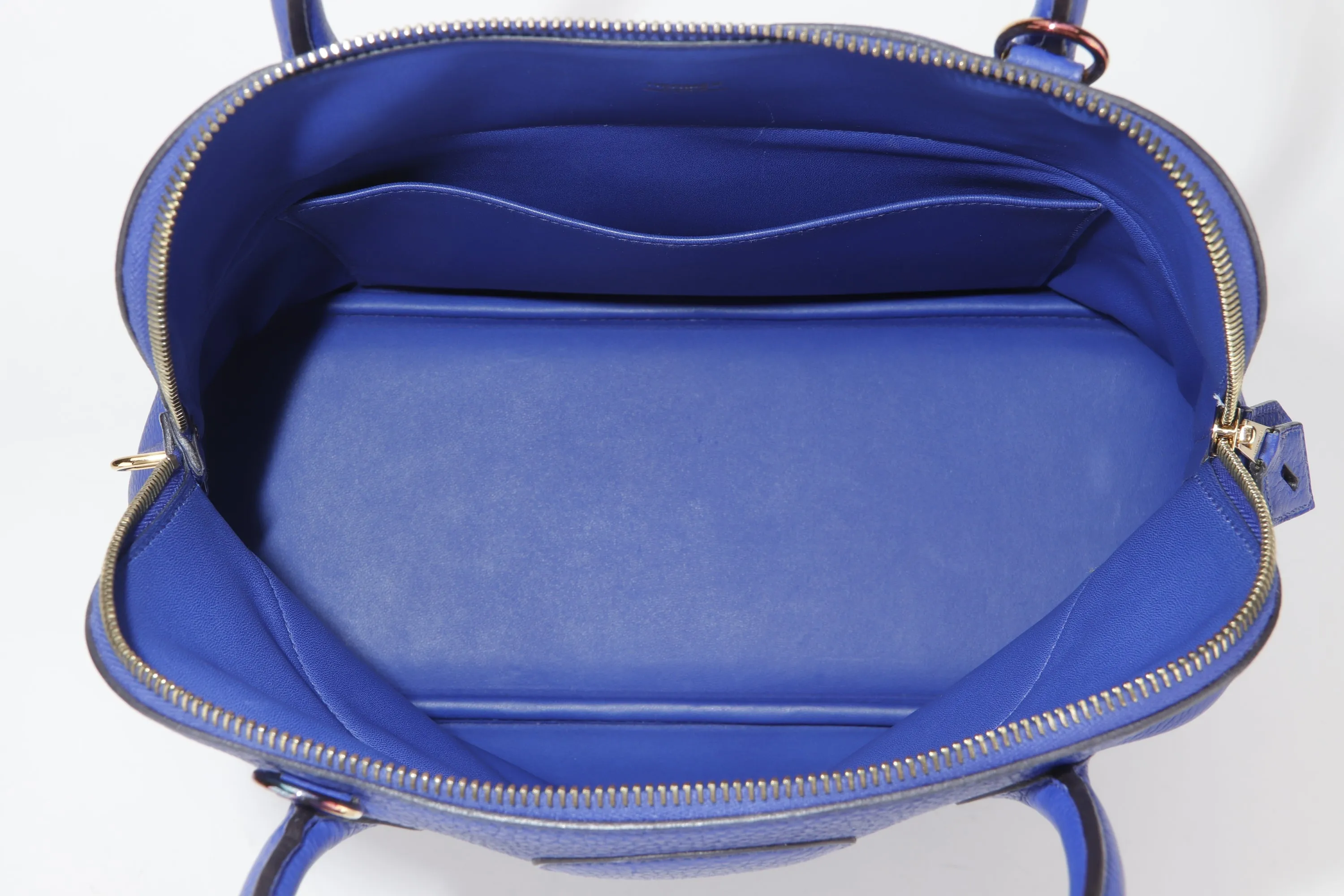 HERMES BOLIDE 31 [STAMP Q SQUARE (2013)] ELECTRIC BLEU CLEMENCE LEATHER GOLD HARDWARE, WITH STRAP, KEYS, LOCK, DUST COVER & BOX