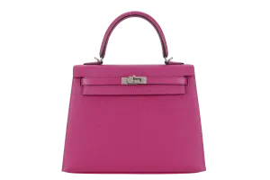 HERMES KELLY 25 SELLIER ROSE POUPRE EPSOM SILVER HARDWARE STAMP A (2017) WITH DUST COVER, LOCK & KEYS, STRAPS AND RAINCOAT