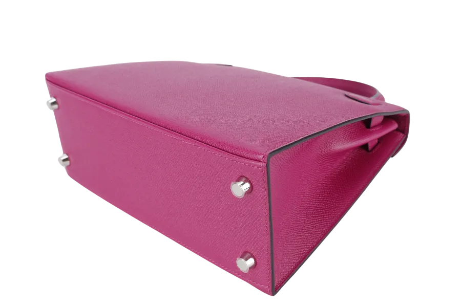 HERMES KELLY 25 SELLIER ROSE POUPRE EPSOM SILVER HARDWARE STAMP A (2017) WITH DUST COVER, LOCK & KEYS, STRAPS AND RAINCOAT