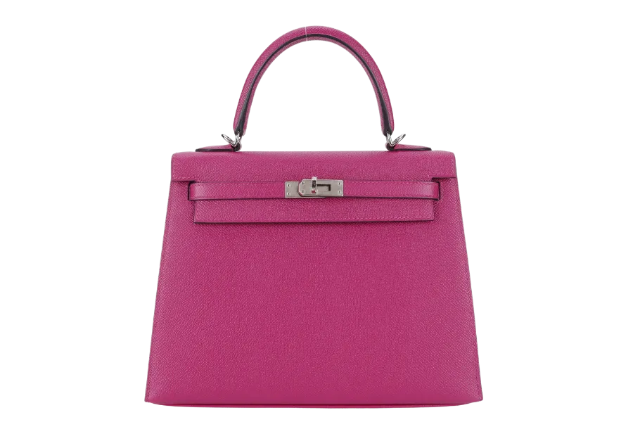 HERMES KELLY 25 SELLIER ROSE POUPRE EPSOM SILVER HARDWARE STAMP A (2017) WITH DUST COVER, LOCK & KEYS, STRAPS AND RAINCOAT