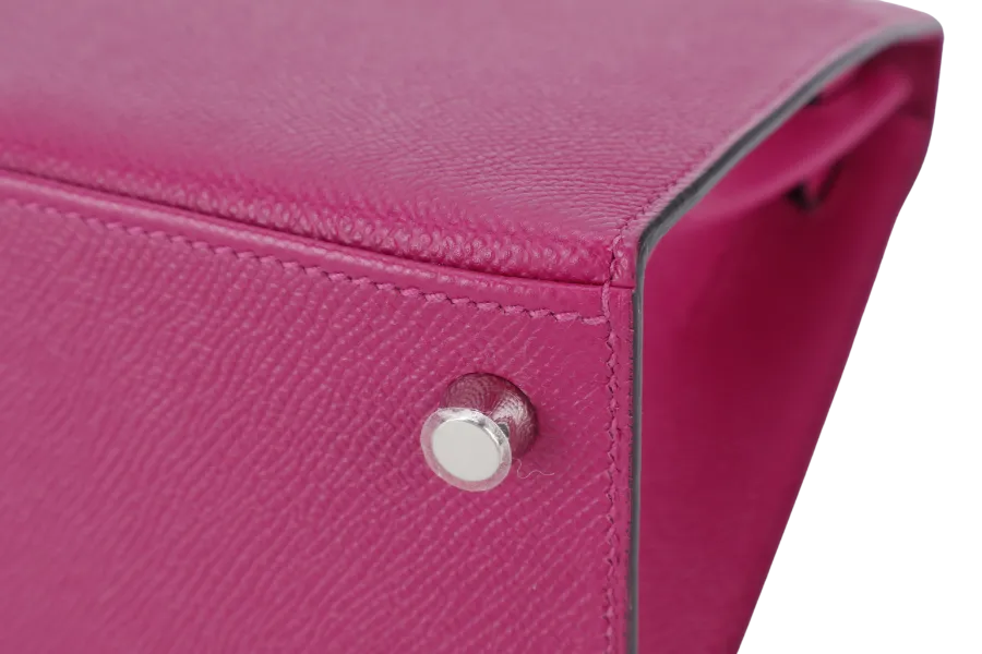 HERMES KELLY 25 SELLIER ROSE POUPRE EPSOM SILVER HARDWARE STAMP A (2017) WITH DUST COVER, LOCK & KEYS, STRAPS AND RAINCOAT