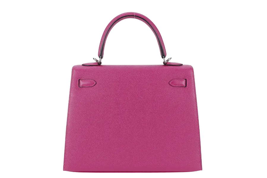 HERMES KELLY 25 SELLIER ROSE POUPRE EPSOM SILVER HARDWARE STAMP A (2017) WITH DUST COVER, LOCK & KEYS, STRAPS AND RAINCOAT