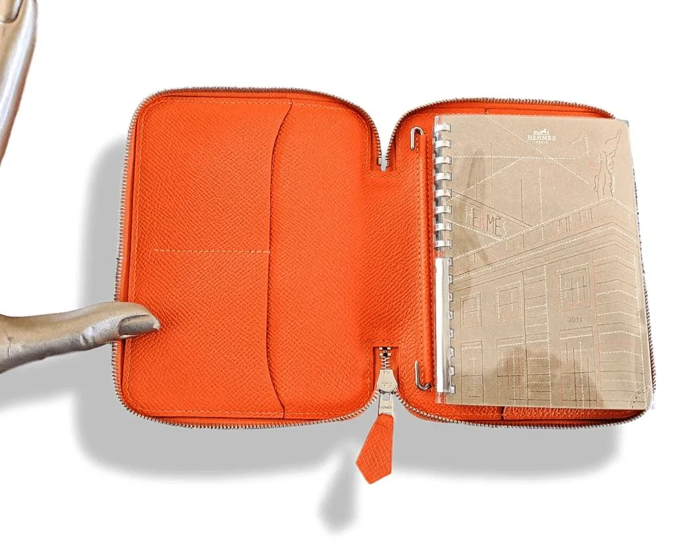 Hermes Orange Epsom Calfskin SOIE-COOL AGENDA GM Cover & Refill Bandana EPERON D'OR Silk BNWTIB!