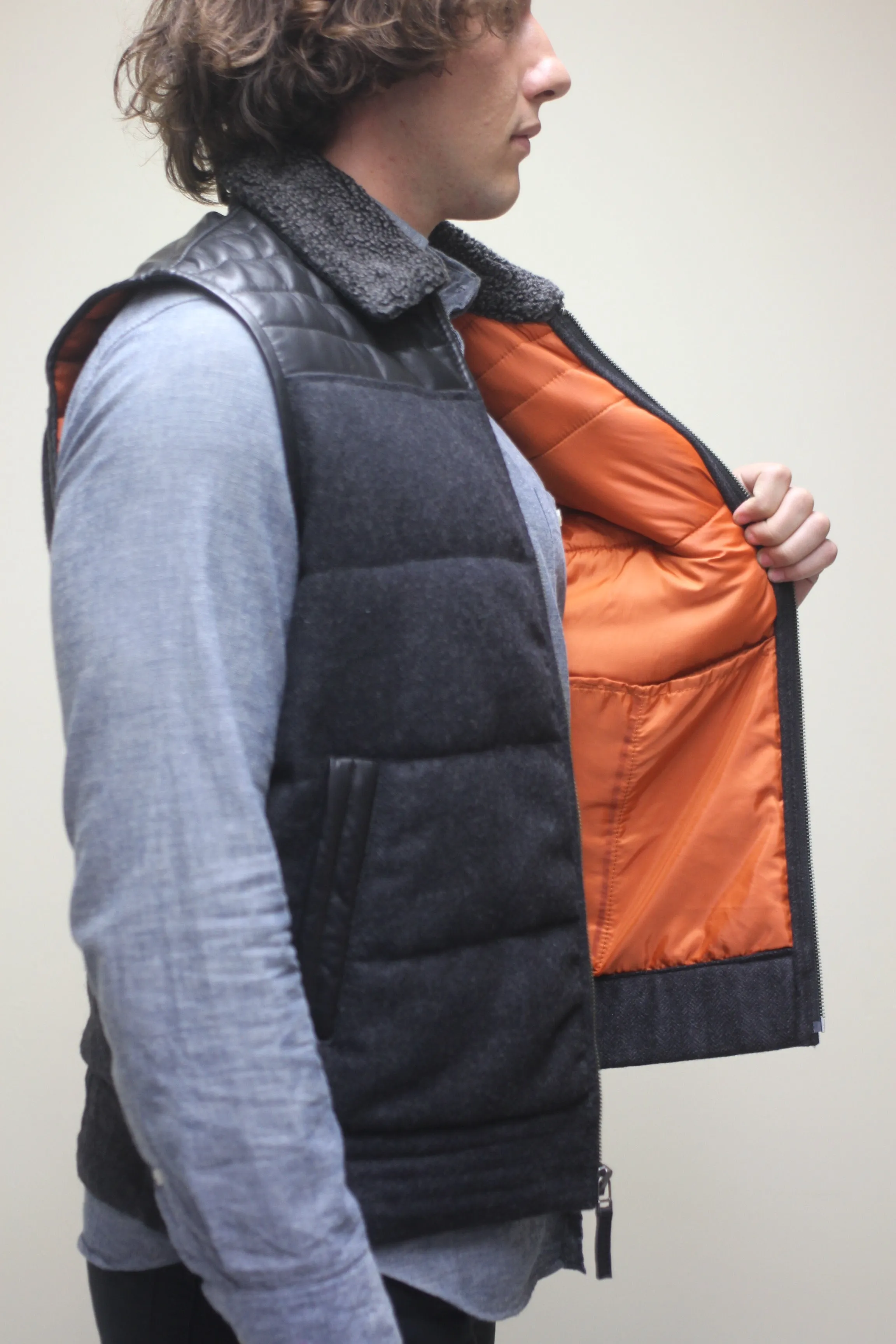 Herringbone Wool Vest with Leather Trim
