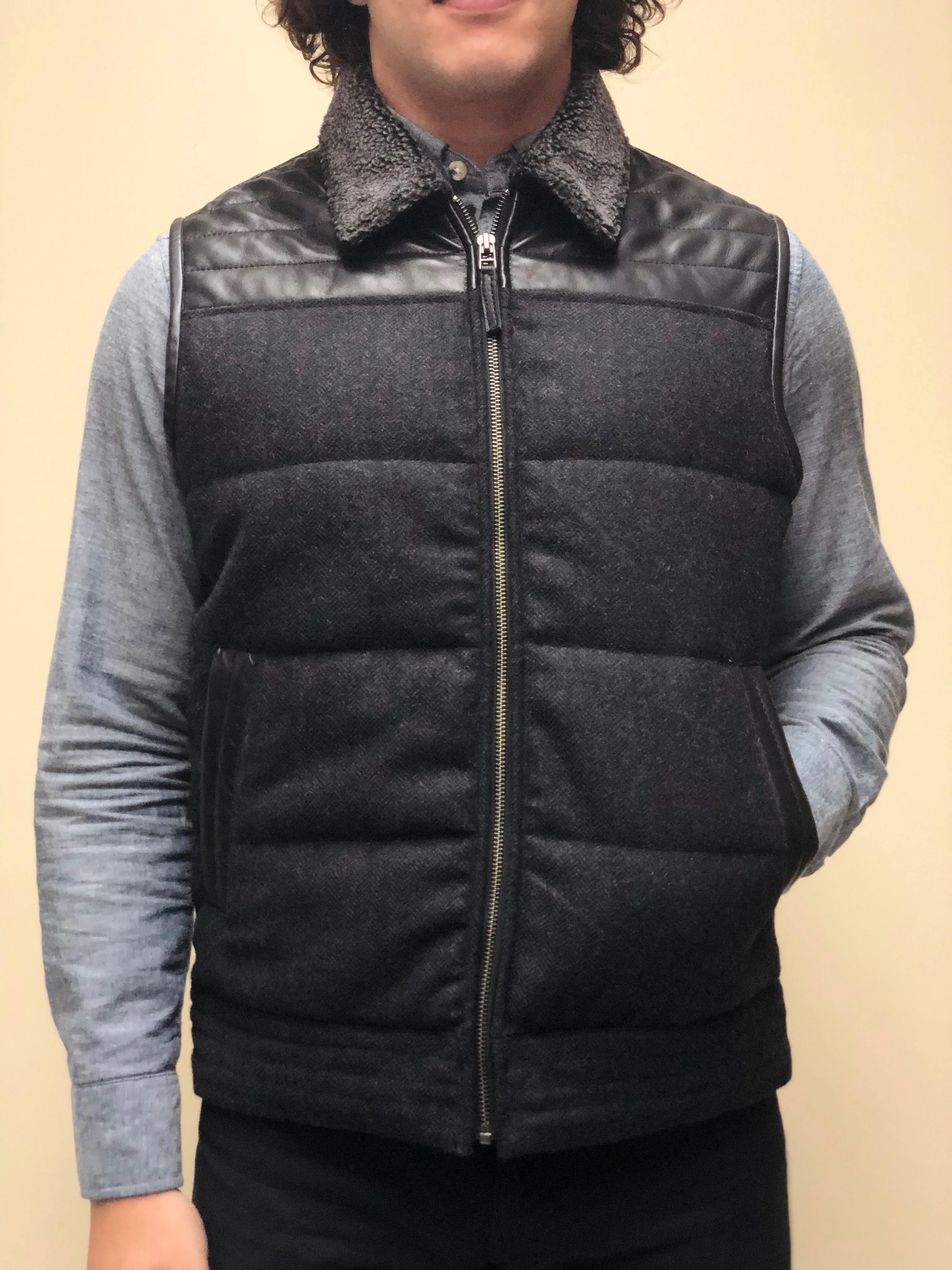 Herringbone Wool Vest with Leather Trim