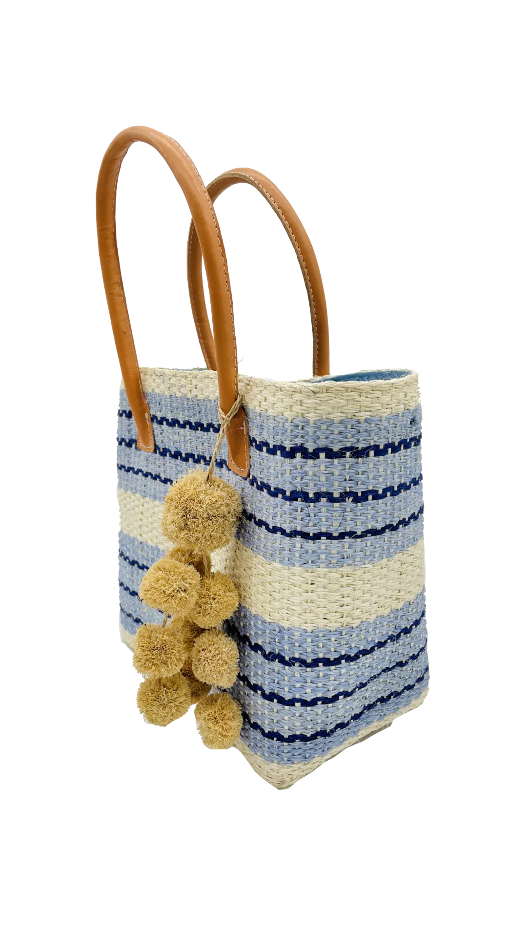 Imperial Sisal Basket Bag with Waterfall Pompoms- 2 sizes: Black Stripes / Medium