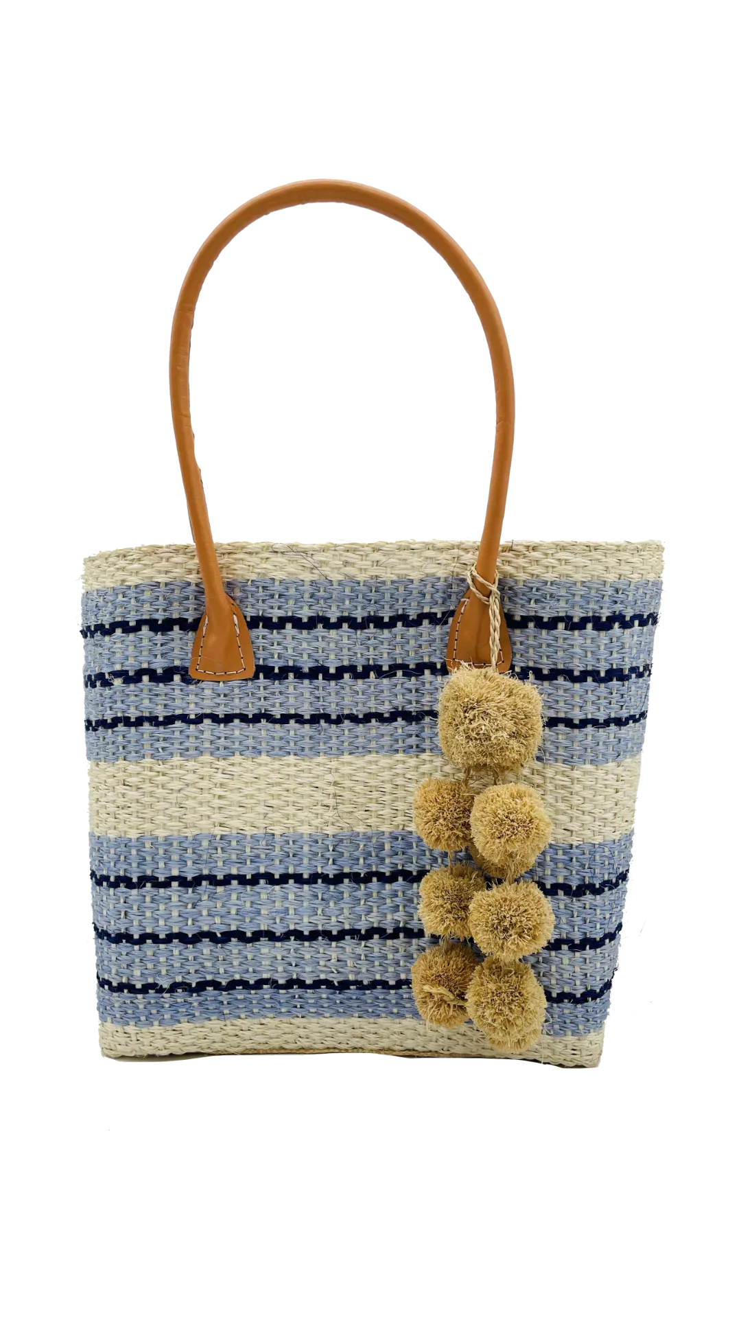 Imperial Sisal Basket Bag with Waterfall Pompoms- 2 sizes: Black Stripes / Medium