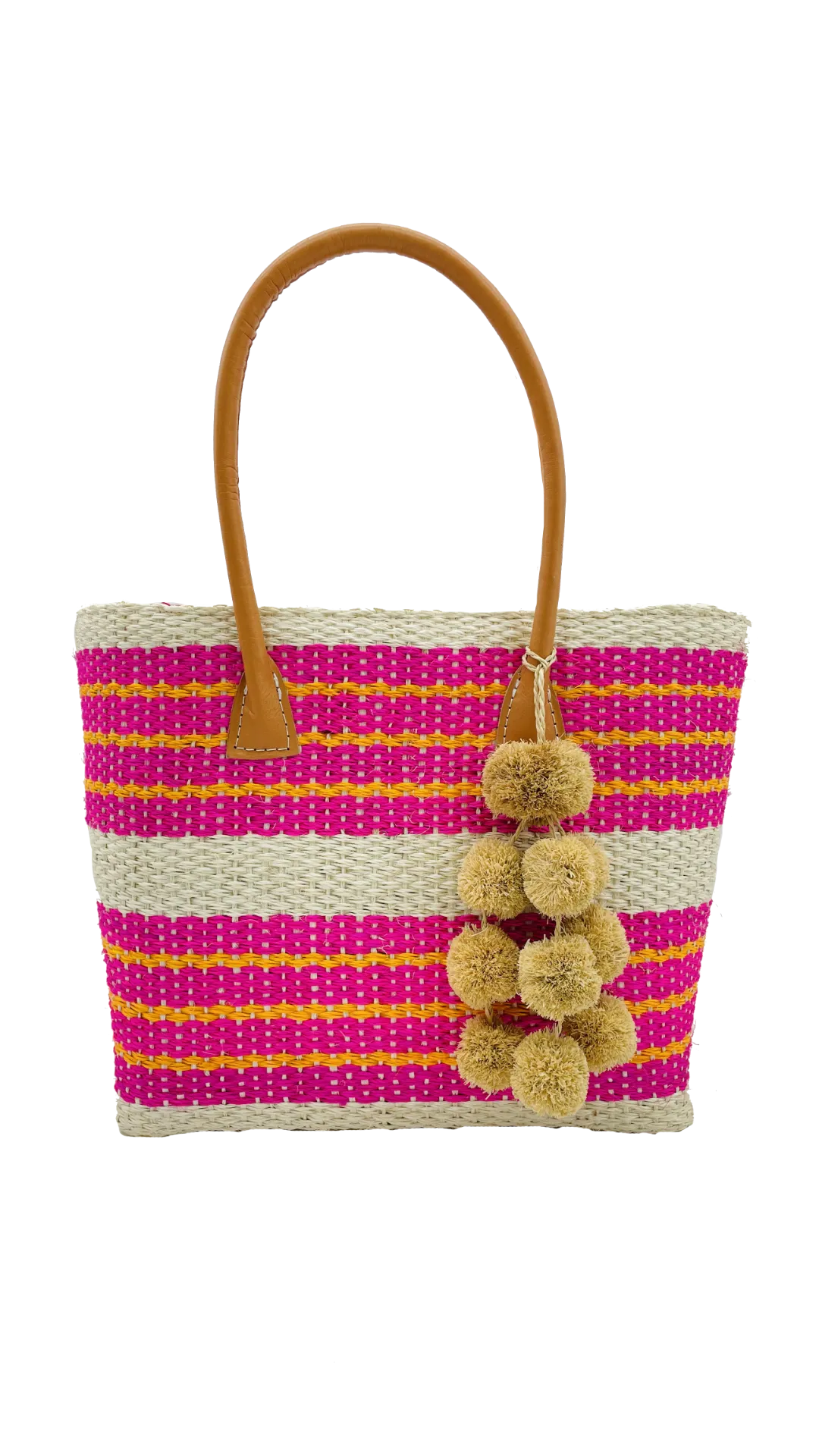 Imperial Sisal Basket Bag with Waterfall Pompoms- 2 sizes: Black Stripes / Medium