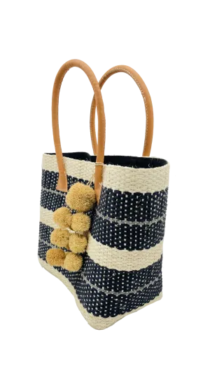Imperial Sisal Basket Bag with Waterfall Pompoms- 2 sizes: Black Stripes / Medium