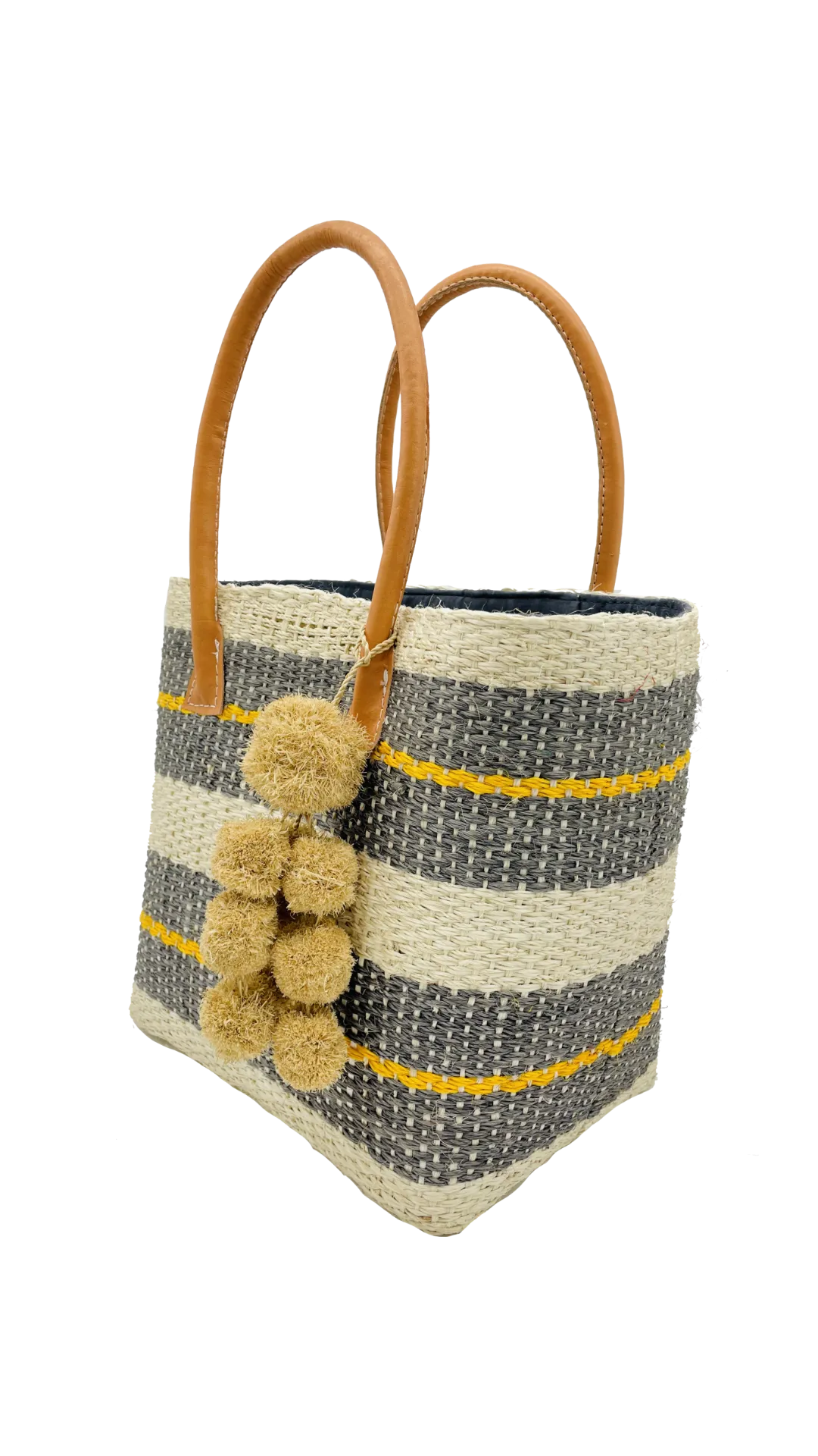 Imperial Sisal Basket Bag with Waterfall Pompoms- 2 sizes: Black Stripes / Medium