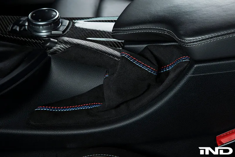 IND F8X M3 / M4 Matte Carbon   Alcantara Parking Brake Handle with Boot - Straight Stitch