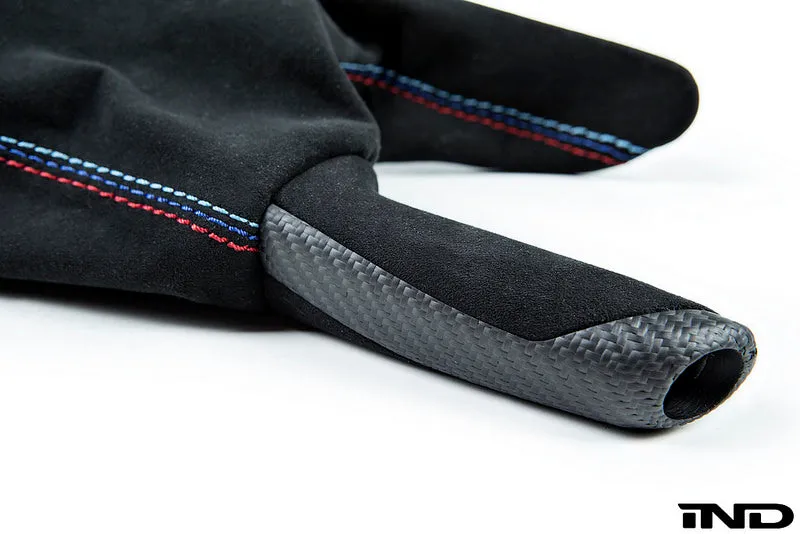 IND F8X M3 / M4 Matte Carbon   Alcantara Parking Brake Handle with Boot - Straight Stitch