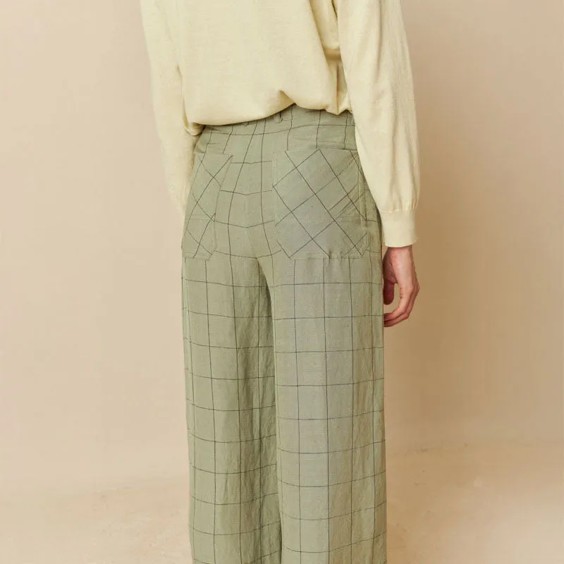 INDI & COLD Linen Square Check Trousers in Pale Khaki