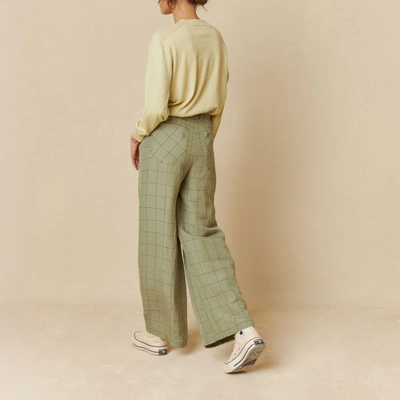 INDI & COLD Linen Square Check Trousers in Pale Khaki