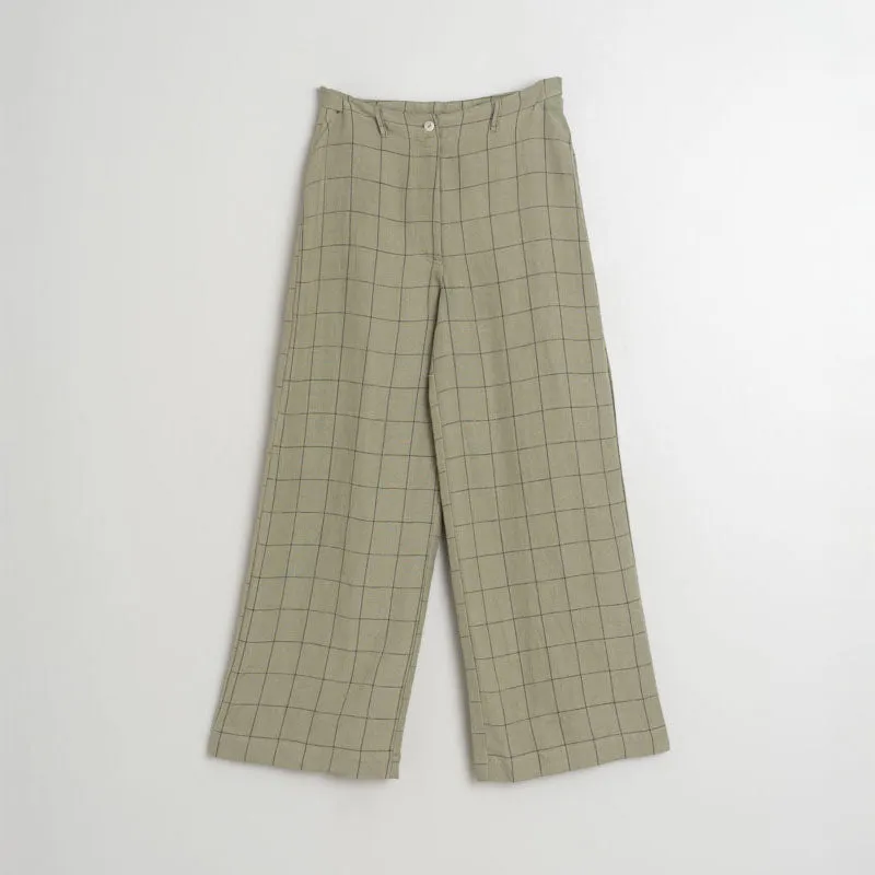INDI & COLD Linen Square Check Trousers in Pale Khaki