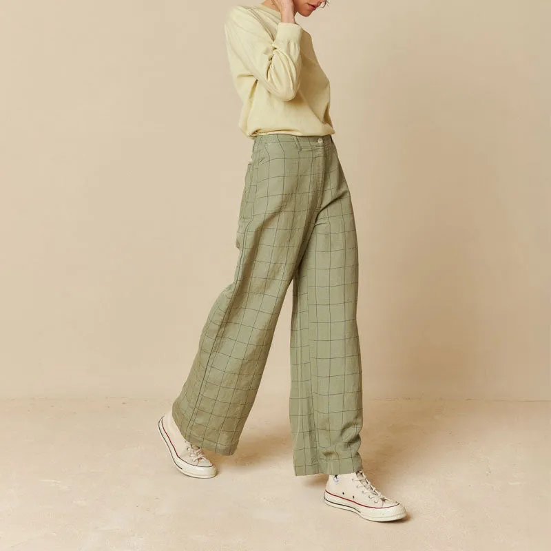 INDI & COLD Linen Square Check Trousers in Pale Khaki