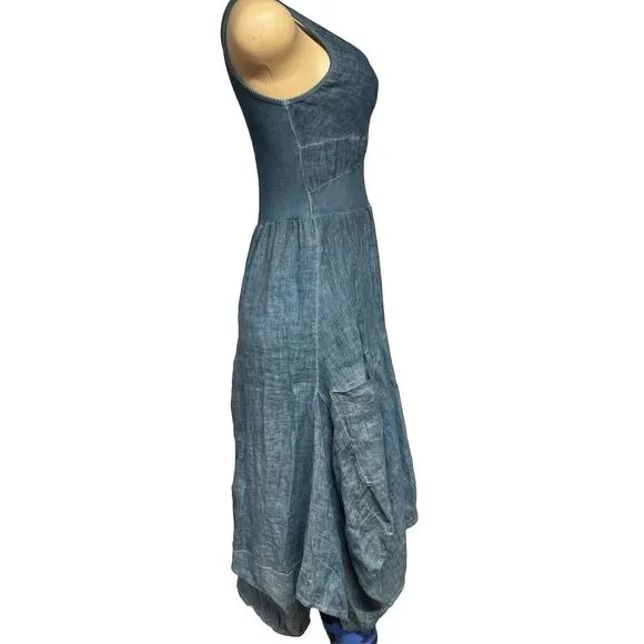 Inizio Dress Women medium Green Linen Cotton Blend Midi Fairy Romantic Boho Ital