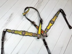 Iridescent Green Yellow Leather Tack Set