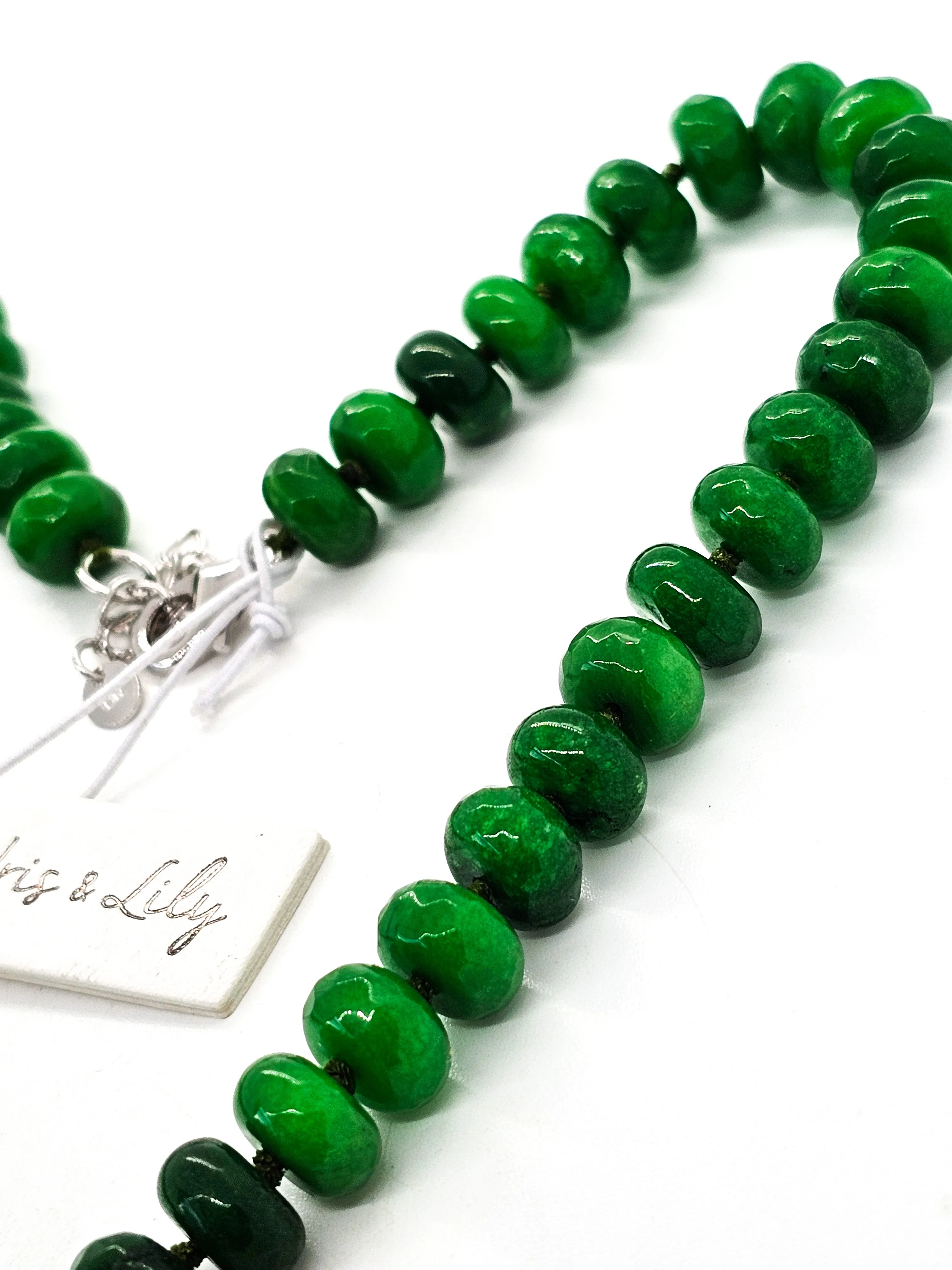 Iris and Lilly Emerald beaded rondelle cut silk strung silver plated necklace