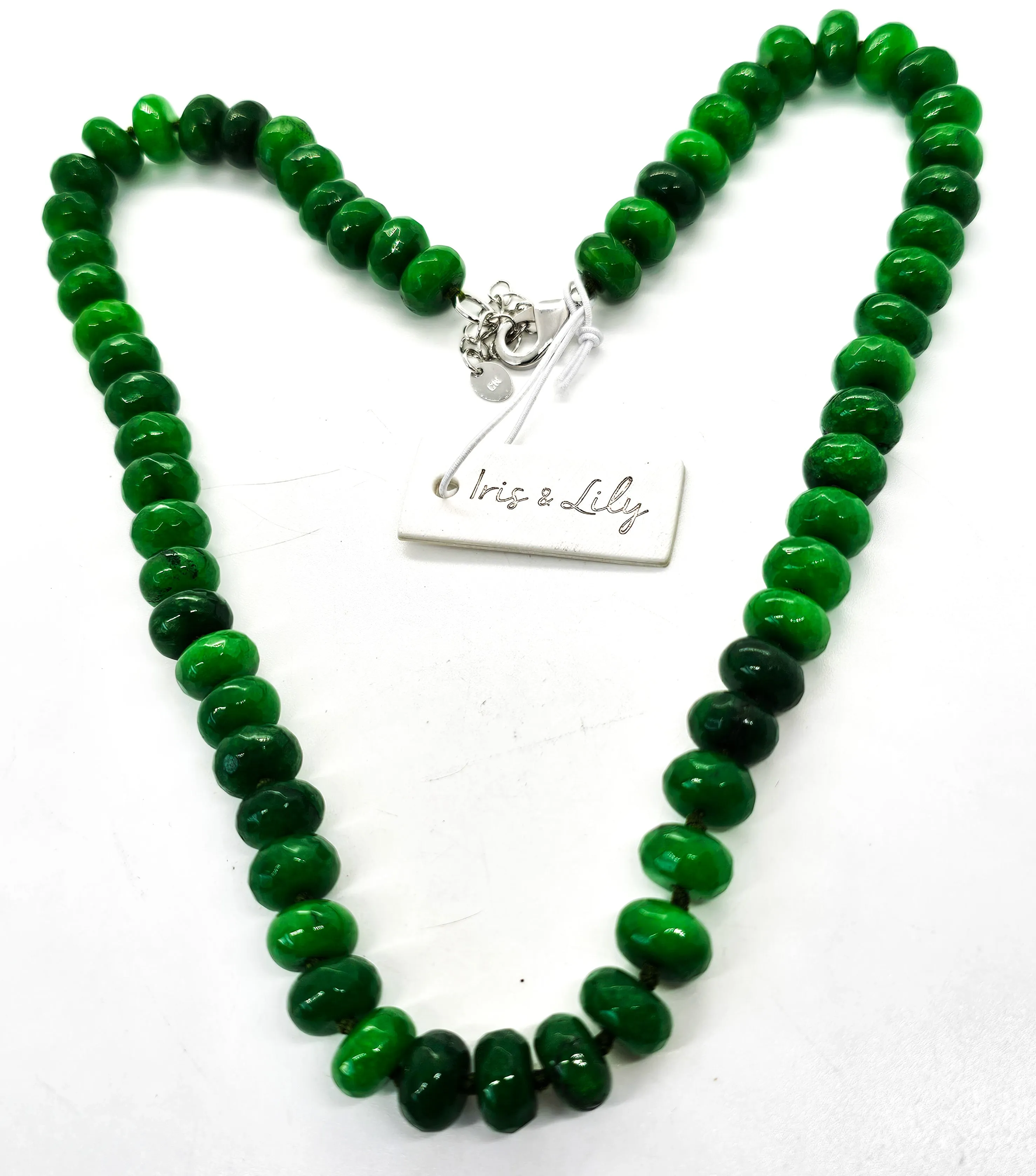 Iris and Lilly Emerald beaded rondelle cut silk strung silver plated necklace
