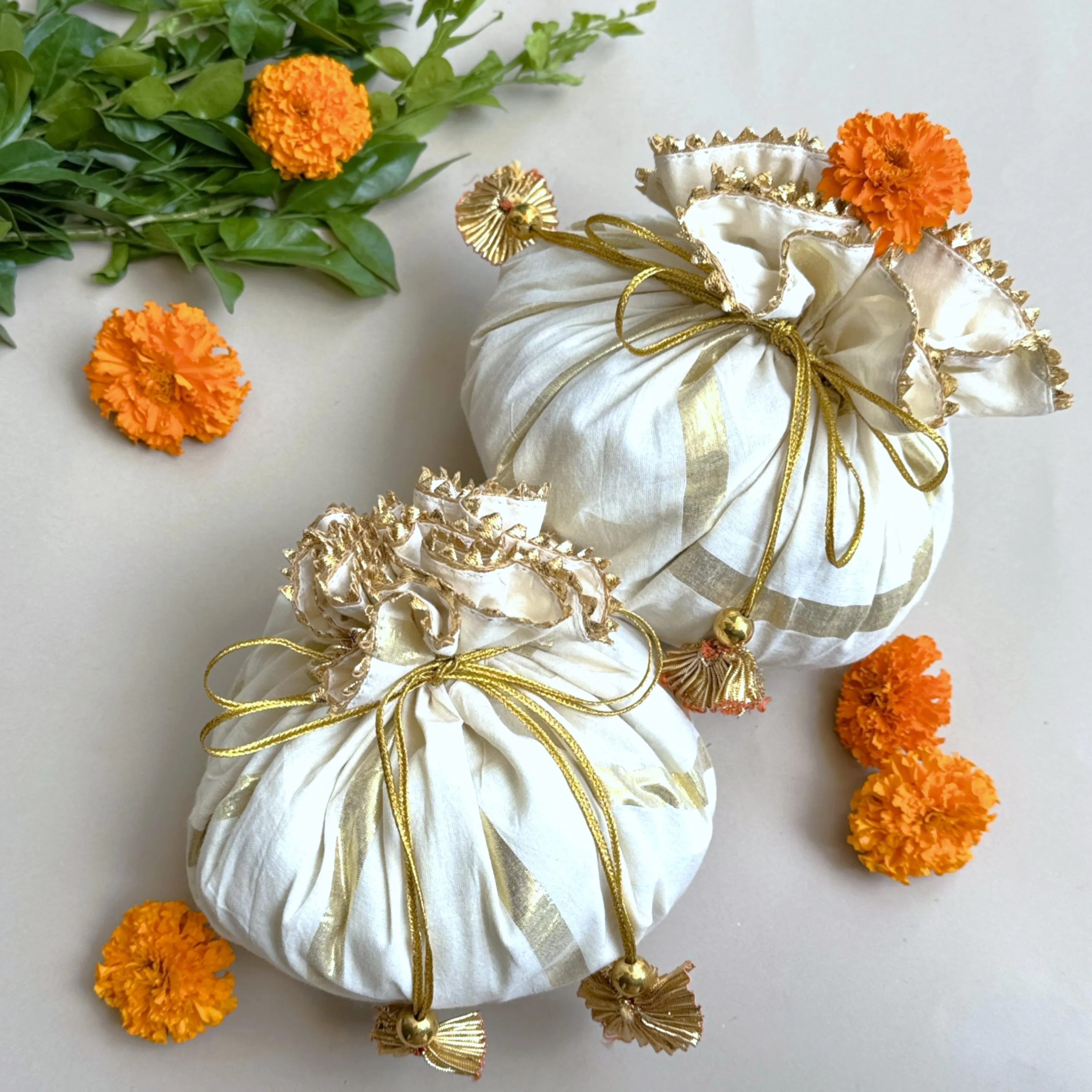 Ivory Gold-Striped Potli Bags (Single Piece)