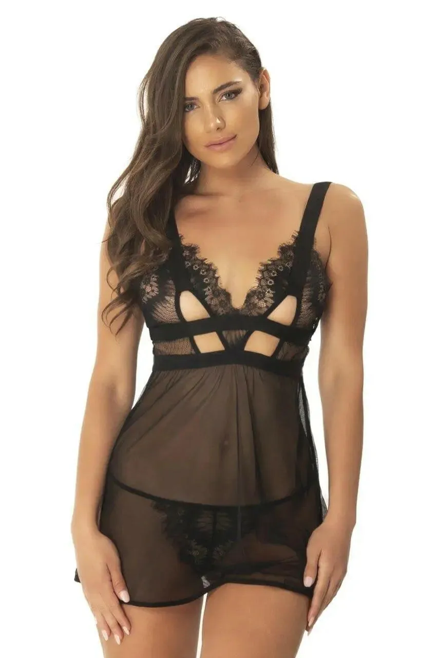 Janet Eyelash Lace and Mesh Babydoll Set