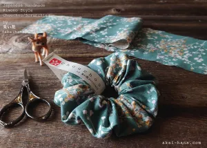 Japanese Handmade Cotton Linen Scrunchies, Flower Bouquet, Grayish Green